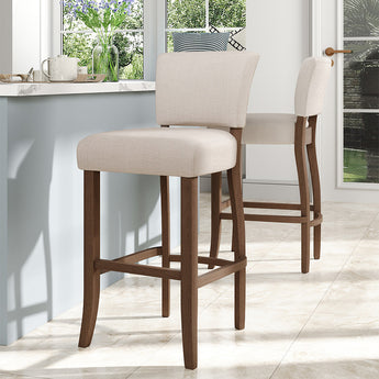 Light grey linen bar stool with rounded backrest and padded seat