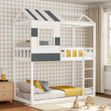 Modern twin bunk bed in white with house window, dark accents, yellow bedding, slatted boards