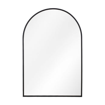 Arched bathroom mirror with black frame and glossy clear glass center