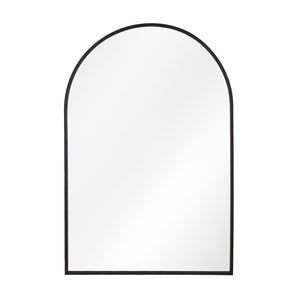 Arched bathroom mirror with black frame and glossy clear glass center