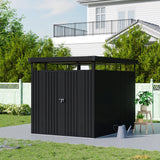 Metal storage shed with flat roof and double doors, black panels and center lock hardware