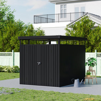 Metal storage shed with flat roof and double doors, black panels and center lock hardware