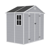 Gray plastic storage shed with double doors, small side window and apex roof