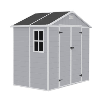 Gray plastic storage shed with double doors, small side window and apex roof