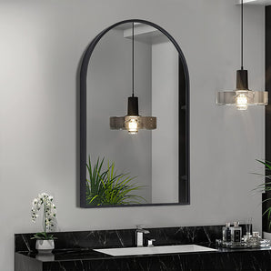 Arched wall mirror with black aluminium frame, wall-mounted with light reflections