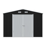 Metal storage shed back wall with double roof vents and door latch hardware