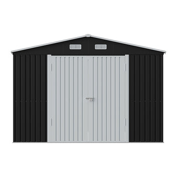 Metal storage shed back wall with double roof vents and door latch hardware