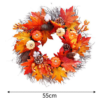 55cm autumn wreath with orange and red maple leaves, pinecones, pumpkins, and berries