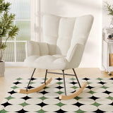 Upholstered rocking lounge chair with high backrest, light beige fabric and wooden rockers