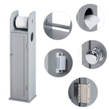 Grey toilet roll cabinet with roll holder bar and metal door hinges