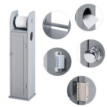 Grey toilet roll cabinet with roll holder bar and metal door hinges