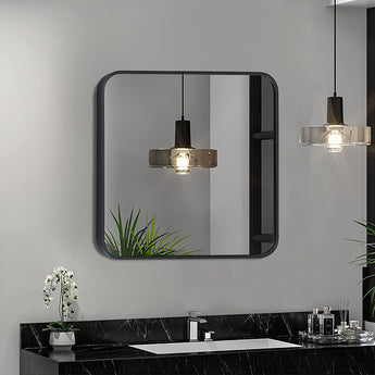 Square bathroom wall mirror with black aluminum frame and rounded corners
