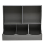 Grey open storage cabinet with three curved lower bins and two open shelf sections