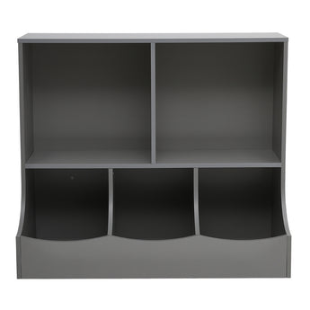 Grey open storage cabinet with three curved lower bins and two open shelf sections