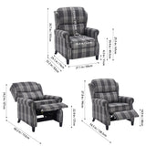 Grey plaid recliner chair diagram with measurements for width, depth, and height.