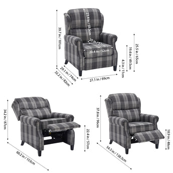 Grey plaid recliner chair diagram with measurements for width, depth, and height.