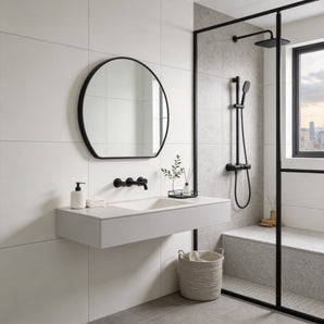 Wall-mounted arched bathroom mirror with dark frame and reflective glass panel