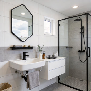 Black wall-mounted bathroom mirror with slim aluminium frame, octagonal shape