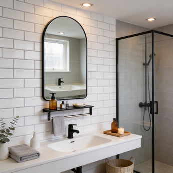 Wall-mounted oval bathroom mirror with black aluminium frame and towel shelf