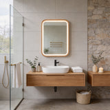 Wall-mounted wood frame LED bathroom mirror with warm edge light, anti-fog
