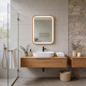 Wall-mounted wood frame LED bathroom mirror with warm edge light, anti-fog