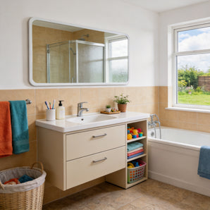 Rectangular frameless wall mirror with rounded corners, bevelled edge, safety film