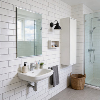 Frameless rectangular bathroom mirror with bevelled edge, safety glass, wall-mounted