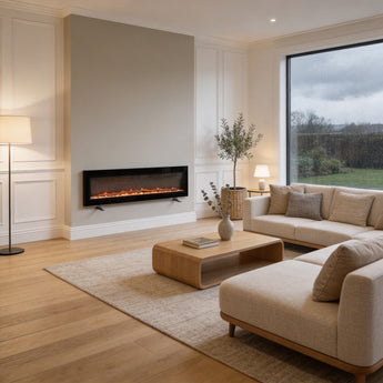 Wall-mounted electric fireplace heater with tempered glass, black frame, and orange flames