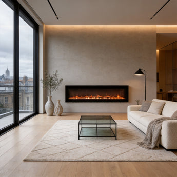 Wall-mounted electric fireplace heater with tempered glass and orange flame display