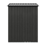 Grey metal garden storage shed back panel with textured siding and sloped roof