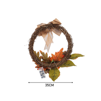 Decorative autumn wreath with orange blooms, leaves, berries, burlap bow; 350 cm