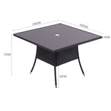 Black square outdoor table size diagram, square top with center parasol hole