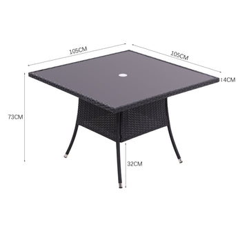 Black square outdoor table size diagram, square top with center parasol hole