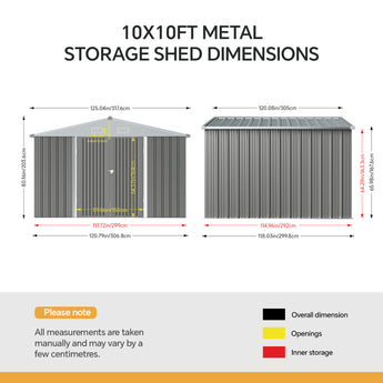 10x10ft metal storage shed dimensions diagram with height and width measurements