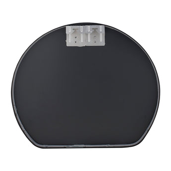 Back of black bathroom mirror with silver mounting bracket clips attached
