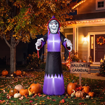Purple and black hooded skeleton costume robe with glowing center and jagged bottom