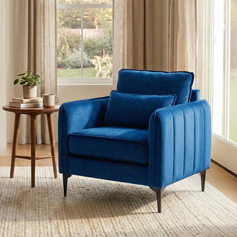 Blue single armchair sofa with tall backrest and wide padded arm panels