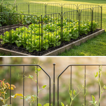 Decorative black metal fence panels for garden beds, vertical grid with arched end rails