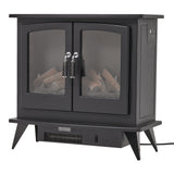 Freestanding electric fireplace heater in matte black with two front glass doors