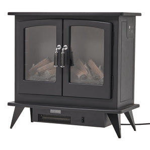 Freestanding electric fireplace heater in matte black with two front glass doors