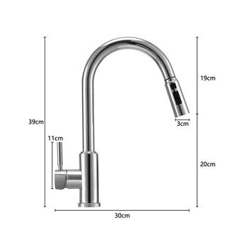 Chrome kitchen faucet dimensions: 30cm width, 39cm height, 20cm base height