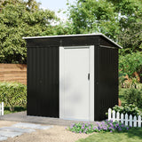 Anthracite metal garden shed with white sliding door panel and pent roof, front view