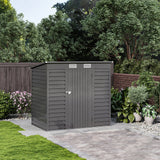 Gray outdoor storage shed with hinged double doors and vented roof grilles