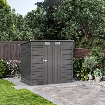 Gray outdoor storage shed with hinged double doors and vented roof grilles