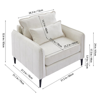 Linen sofa armchair size diagram with off-white upholstery and labeled measurements
