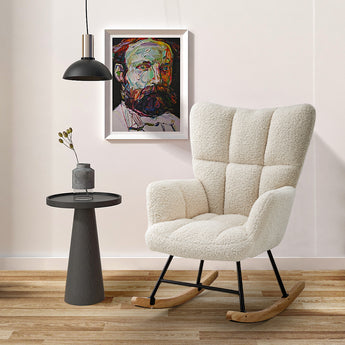 Sherpa rocking chair with tufted backrest, curved seat, black metal frame and wood rockers
