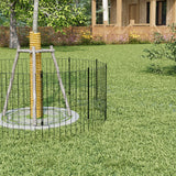 Garden metal fence panels with stakes forming an enclosure, black vertical bars