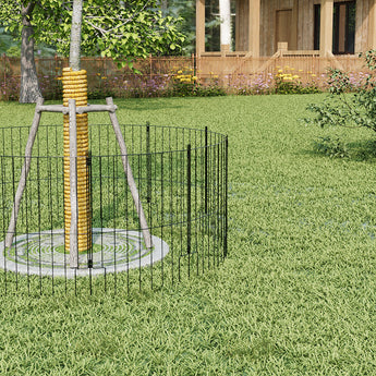 Garden metal fence panels with stakes forming an enclosure, black vertical bars