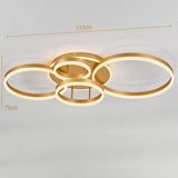 Gold 5-ring LED ceiling light with circular loops, shown with size guide marks