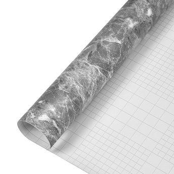 Marble-look self-adhesive vinyl roll with gray veined top and white grid backing